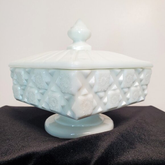 Vintage Westmoreland Milk Glass Old Quilt Covered Candy Dish Square 40/50s White - Picture 4 of 15